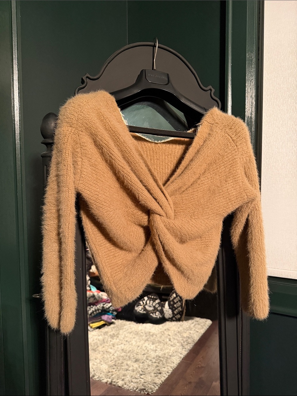 Fuzzy Twist-back Women's Sweater in Camel